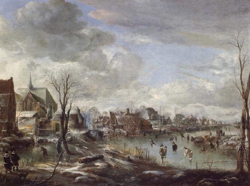 Aert van der Neer A Frozen River Near a Village,with Golfers and Skaters china oil painting image